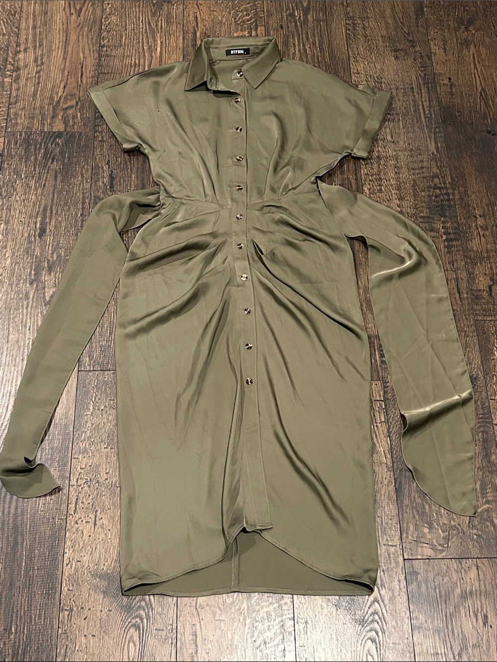 BTFBM Satin Button-Front Olive Green Shirt Satin Dress with Tie Waist